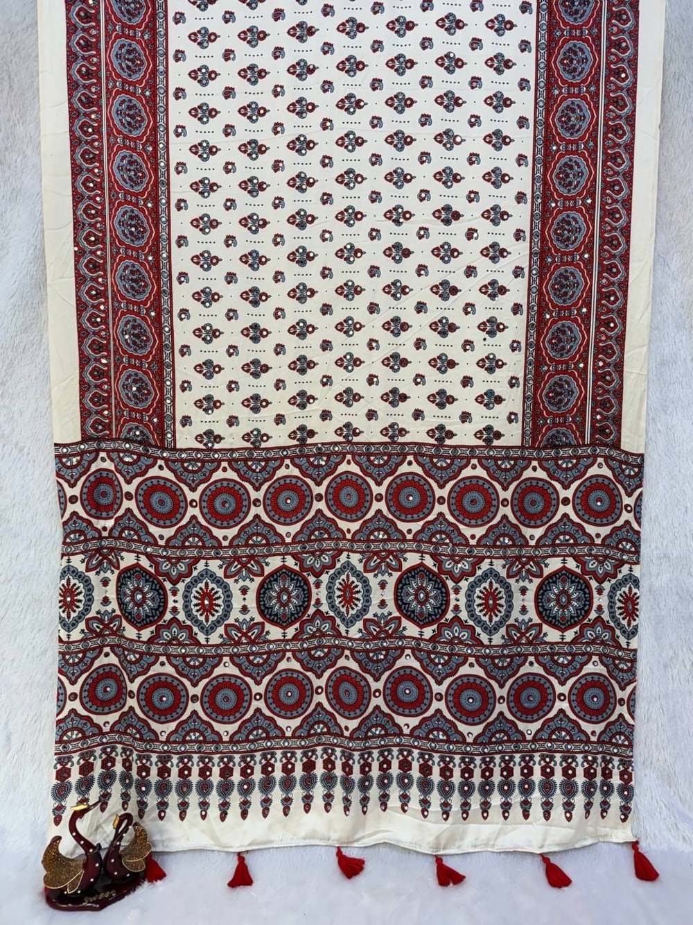 Ajrakh Print Japan Satin Saree with Mirror Work & Latkan - Picture 15 of 17